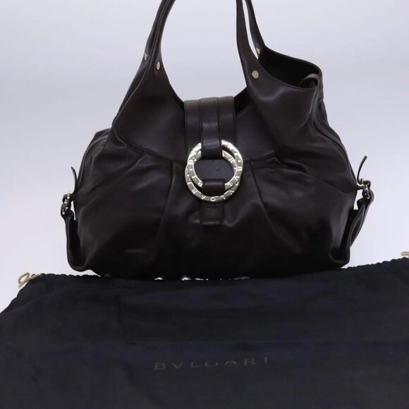 BVLGARI Chandra Shoulder Bag Leather Brown Gold Auth